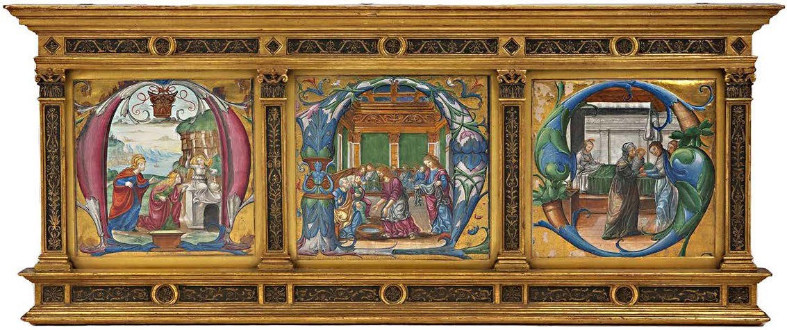 Framed historiated initials triptych