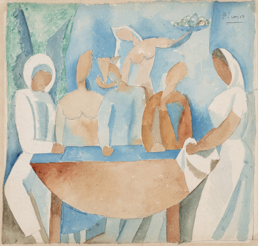 Pablopicasso (1881 1973), Carnaval Au Bistrot. Paris, Ete. 1908, Watercolor On Paper, 22.5 X 21 Cm, Courtesy Patrick Bourne Co.
