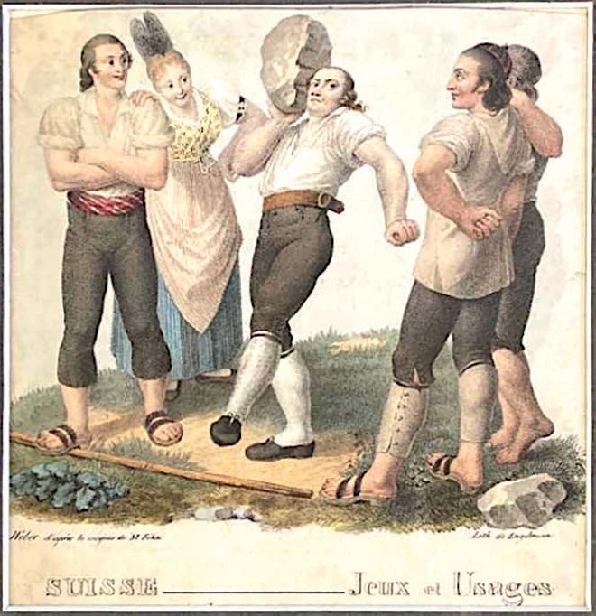 Les Lanceurs de Pierrers (The Stone Throwers), a 19th century stipple engraving with contemporary watercolouring