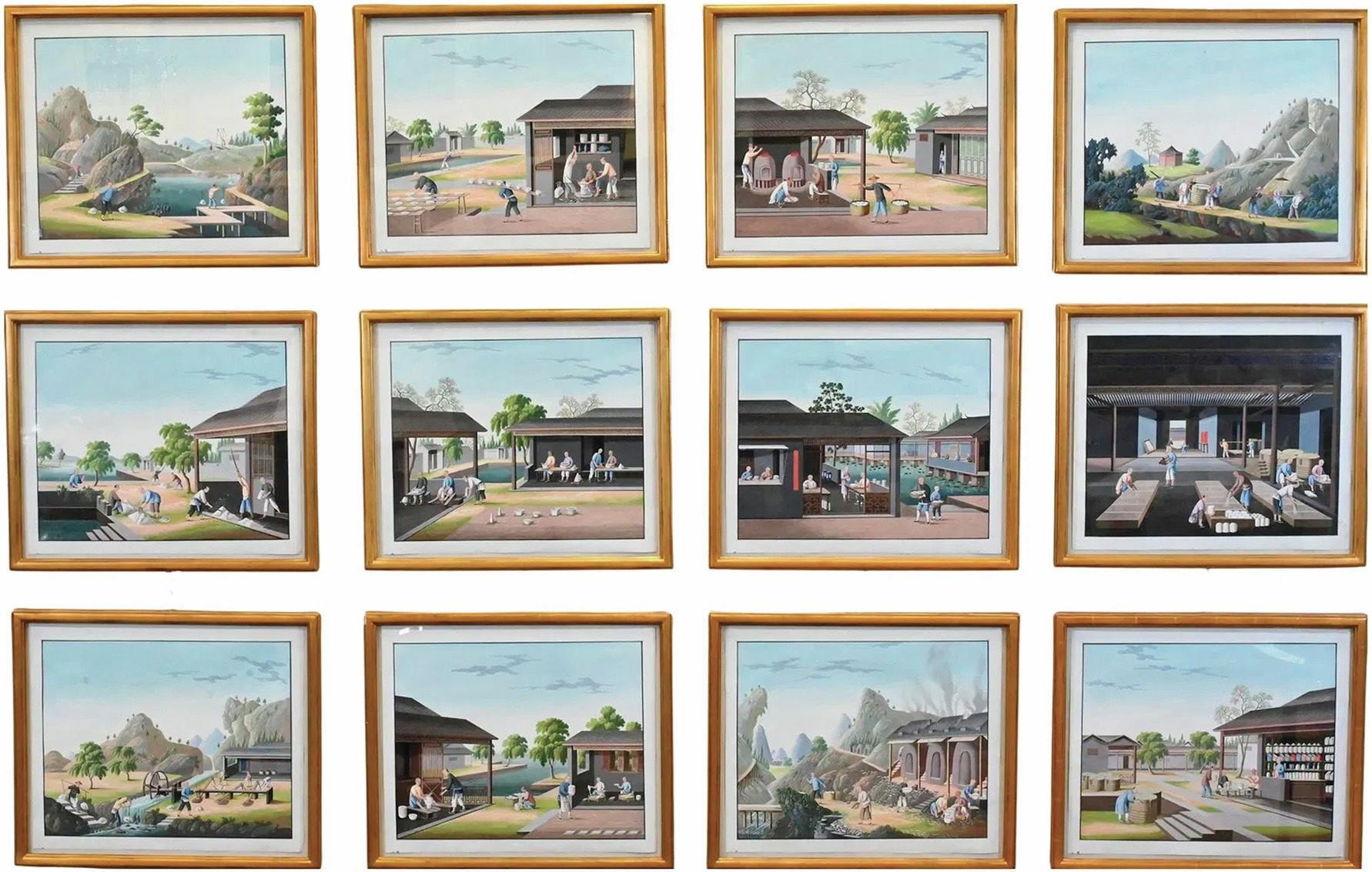 Set of 12 Chinese export pictures portrays a production line of porcelain