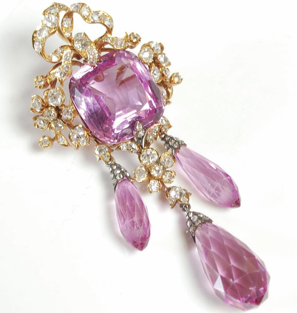 Pink topaz and diamond girandole brooch