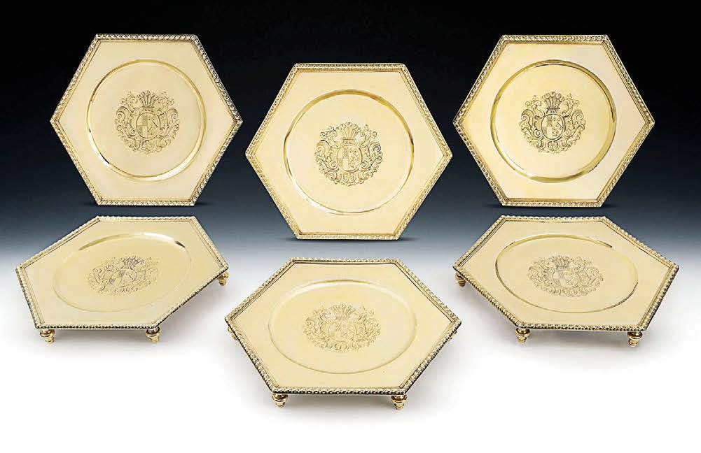 Set of six Queen Anne salvers by David Willaume sold by Mary Cooke Antiques.