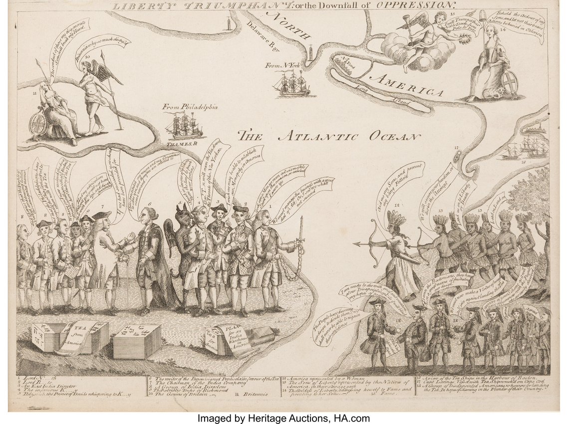 Boston Tea Party engraved cartoon