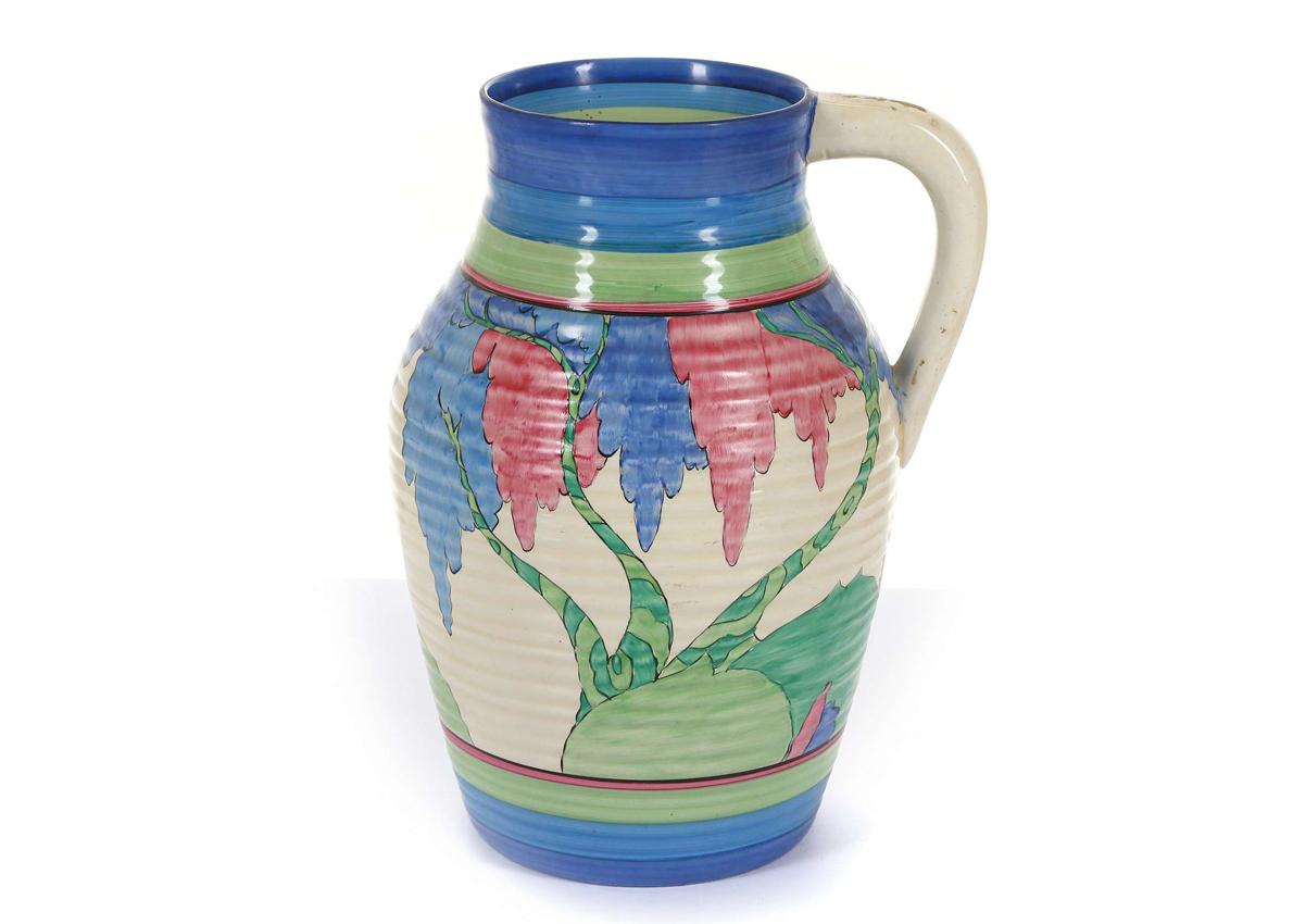 Clarice Cliff Bizarre lotus jug in Rudyard pattern