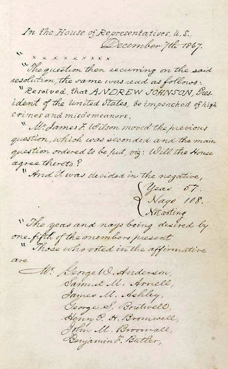 News In Brief – including Bonhams offering an original copy of the Andrew Johnson impeachment resolution vote