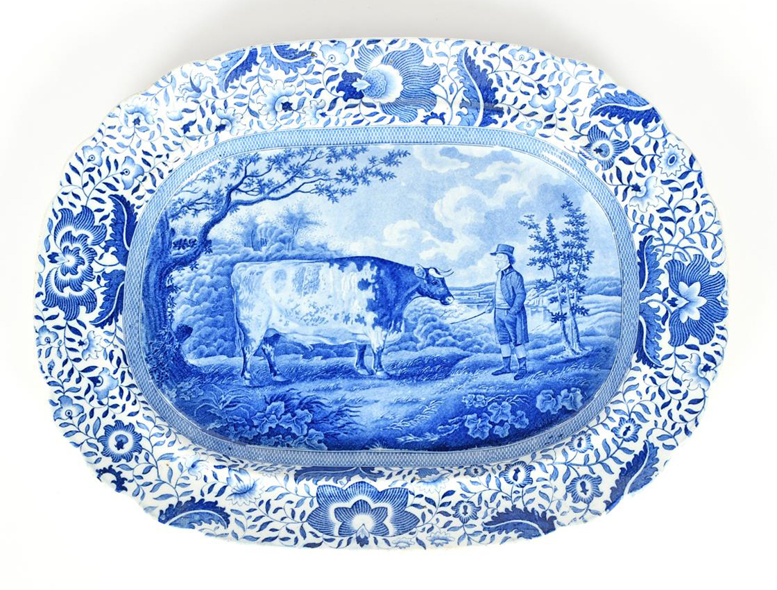 Blue and white transferware Durham Ox charger