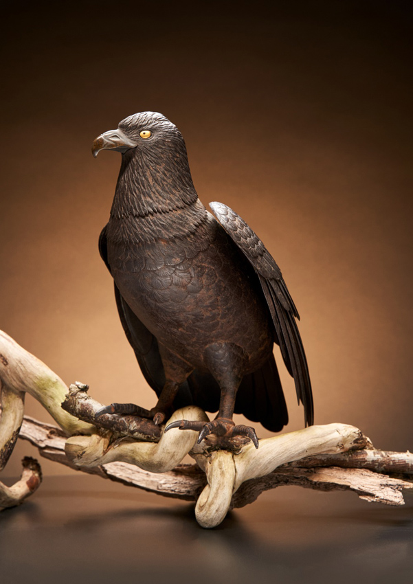 Iron jizai okimono of a hawk