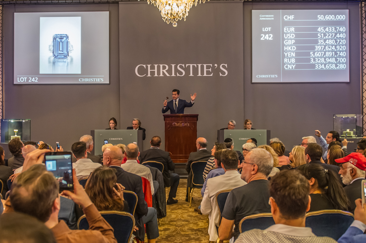 Bidding for the Oppenheimer Blue diamond at Christie's Geneva