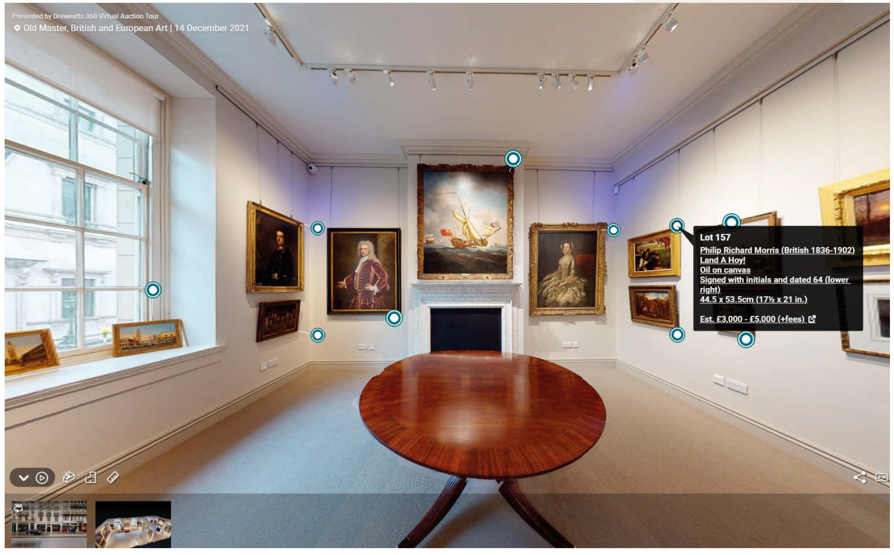 A virtual tour of a room containing paintings