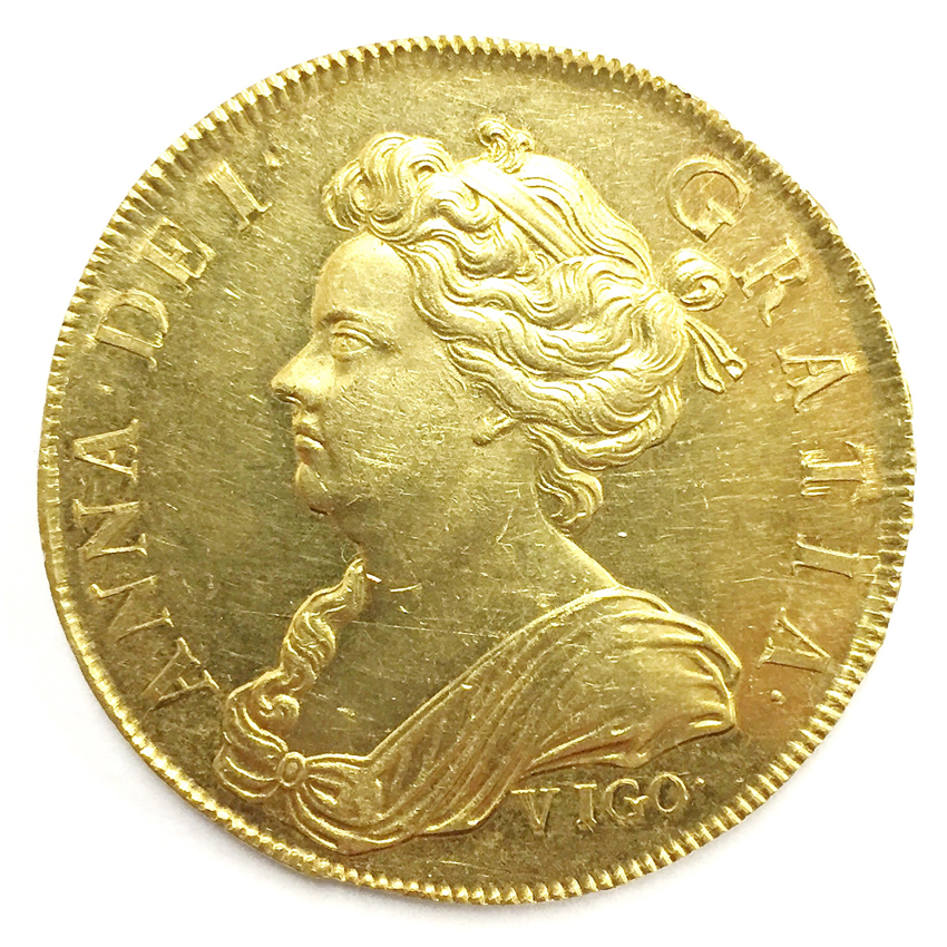 Queen Anne Vigo five guinea gold coin